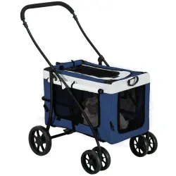 PawHut Carrito para Perros Cochecito para Perros Plegable con Vagón Desmontable 4 Puertas con Cremallera 2 Correas de Seguridad 2 Correa de Transporte y Cojín Azul