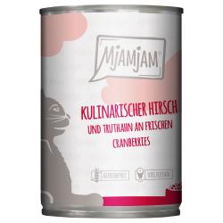 MjAMjAM comida húmeda para gatos 6 x 400 g - venado y pavo culinarios sobre arándanos frescos