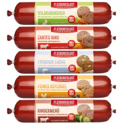 Fleischeslust 12 x 800 g salchichas para perros - Pack Ahorro - Mix (salmón, ave, vacuno, menú vacuno, conejo de monte)