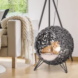 Cama cueva de ratán PawHut para gatos color Gris