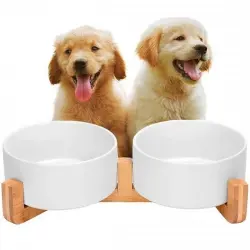 Edipets comedero doble de porcelana y bambú blanco para mascotas