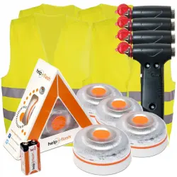 Help Flash Pack 4 V2.0 Dispositivo de Señalización V16 Homologado DGT + 4 Martillos de Emergencia + 4 Chalecos Reflectantes Amarillos