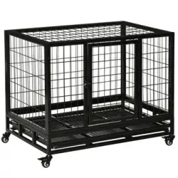 Jaula Para Perros De Metal Con Ruedas Frenos 92x62x75 Cm-pawhut.negro