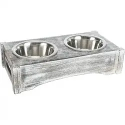 Trixie Set Comederos,inox./madera,2×0,75 L/42×10×22cm, Bl