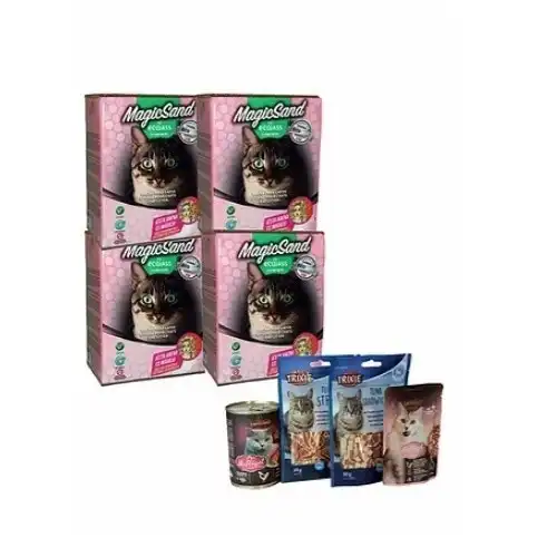 Pack 4 cajas de arena no aglomerante y snacks olor Talco