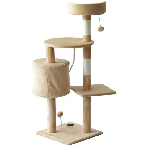 Pawhut árbol rascador con plataforma casetas y bolas de juego beige para gatos