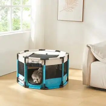 Parque Para Perros Nærøysund Poliéster 112x112x62cm - Azul/beige [en.casa]