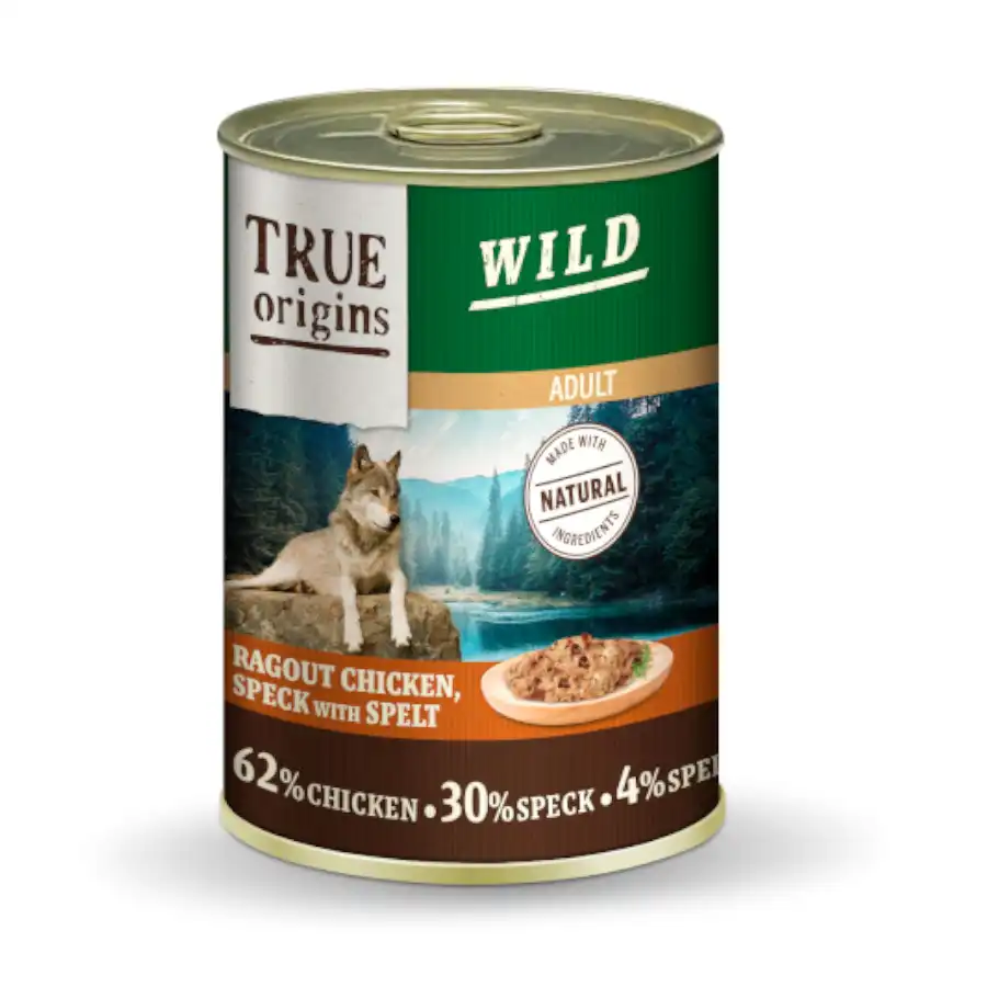 True Origins Wild Adult Dados de Pollo con Speck y Espelta lata para perros