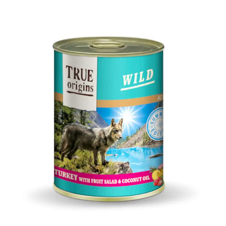 True Origins Wild Summer Pavo con Ensalada de Frutas y Aceite de Coco lata para perros