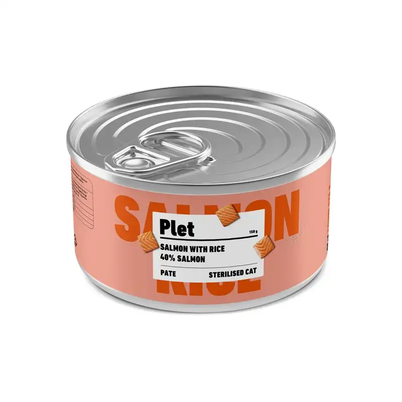 12x150Grs Latas Plet para Gatos esterilizados. Salmón con arroz.