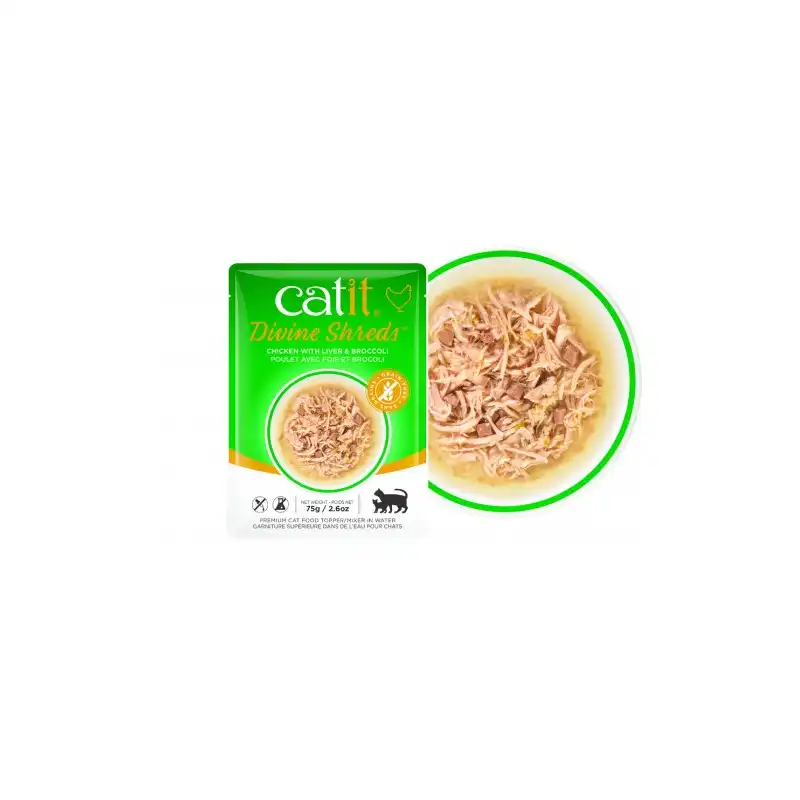 Catit Divine Shreds Pollo con Higado & Brocoli Comida húmeda para gatos, Unidades 18 x 75 grs