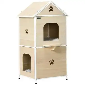 Caseta Para Gatos Pawhut Mdf Acero Felpa 47x40x90 Cm Natural