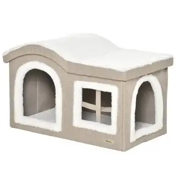 Casa Plegable Gatos De Aglomerado Mdf Felpa 63,5x37x40cm-pawhut.beige