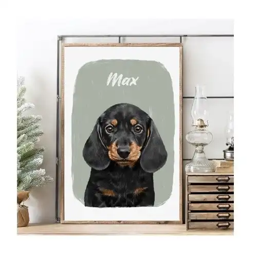 Mascochula max retrato realista personalizado en lámina con tu mascota verde oliva