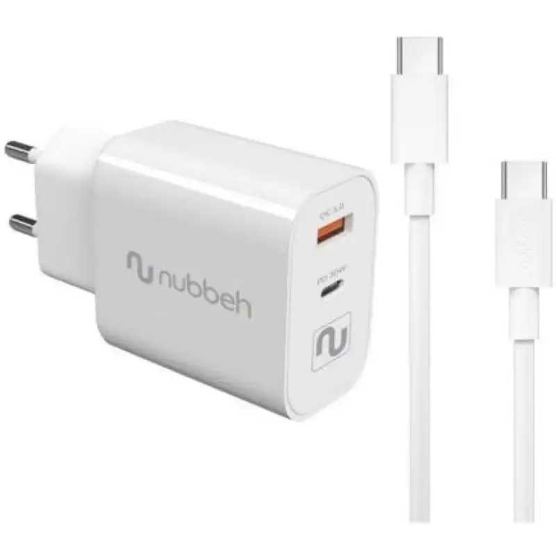 Nubbeh Bhoot Cargador Pared USB/USB-C PD 3.0 30W + Cable CC Silicona Líquida 60W Blanco