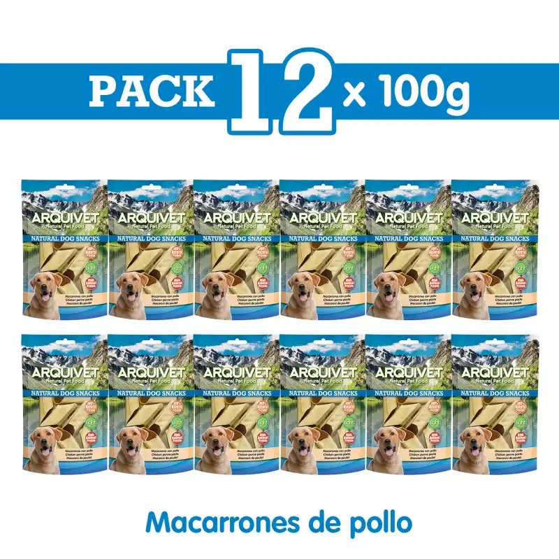 Macarrones con pollo 100g Snack para perros, Unidades 12 unidades