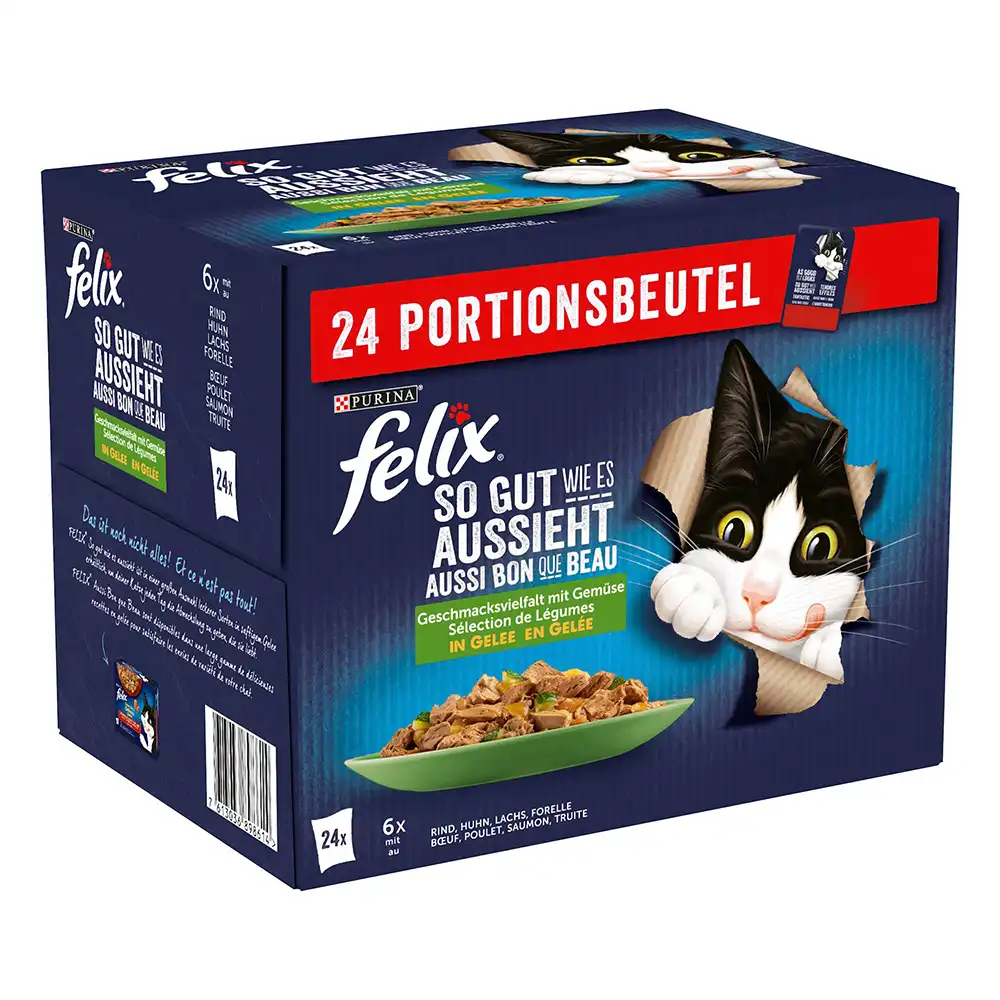 Felix Fantastic 24 x 85 g - Pack Ahorro - Vacuno y zanahoria, pollo y tomate, salmón y clabacín, trucha y judías verdes