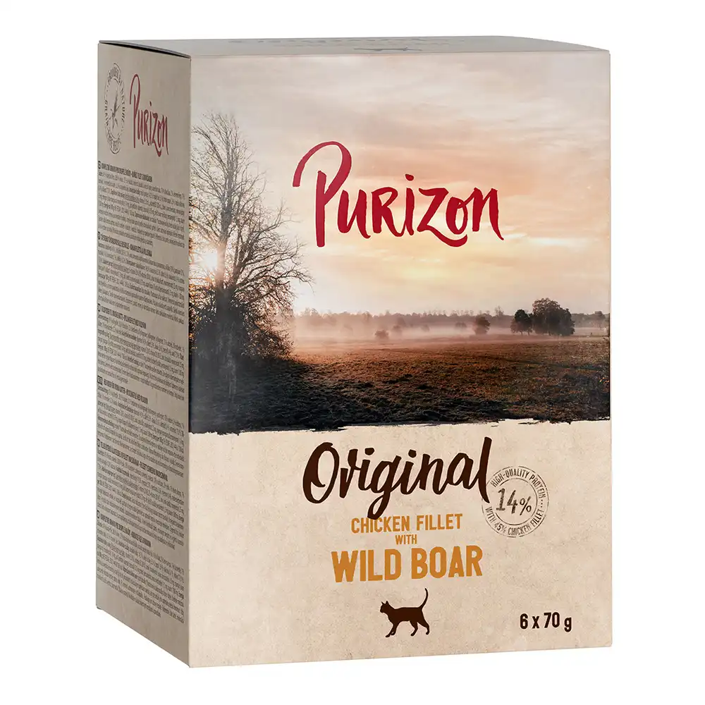 Purizon Adult 6 x 70 g comida húmeda para gatos, sin cereales - Filete de pollo con jabalí