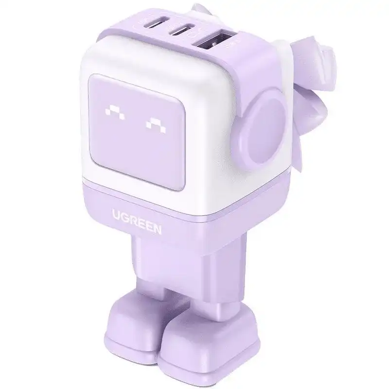 Ugreen Uno Cargador Rápido 65W GaN de 2 Puertos USB-C + 1 Puerto USB-A con Pantalla LED Púrpura