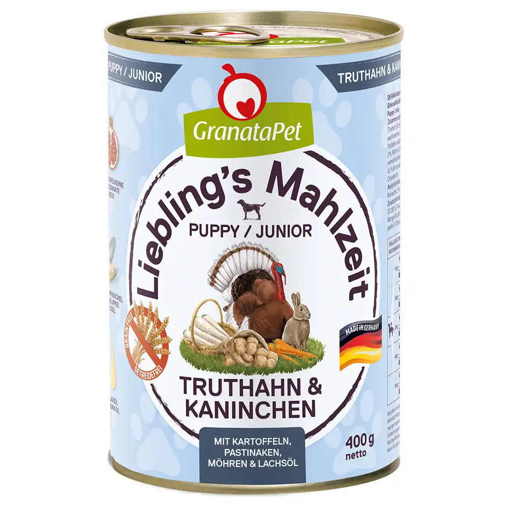 Granatapet Liebling's Mahlzeit 6 x 400 g - Junior, con pavo y conejo