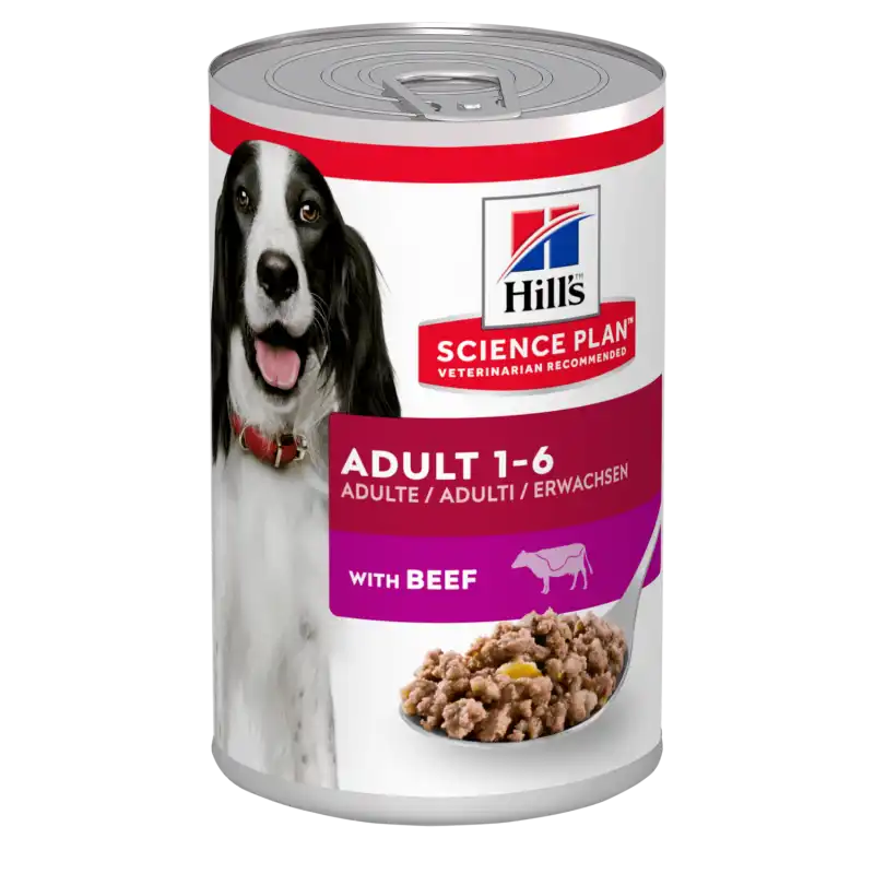 Hills Science Plan Adult de ternera pack latas para perros, Peso 1 x 12 latas 370gr