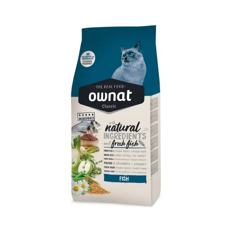 Ownat Classic Feline Fish pienso para gatos.  Pescado fresco y arroz integral, Peso 4 Kg.