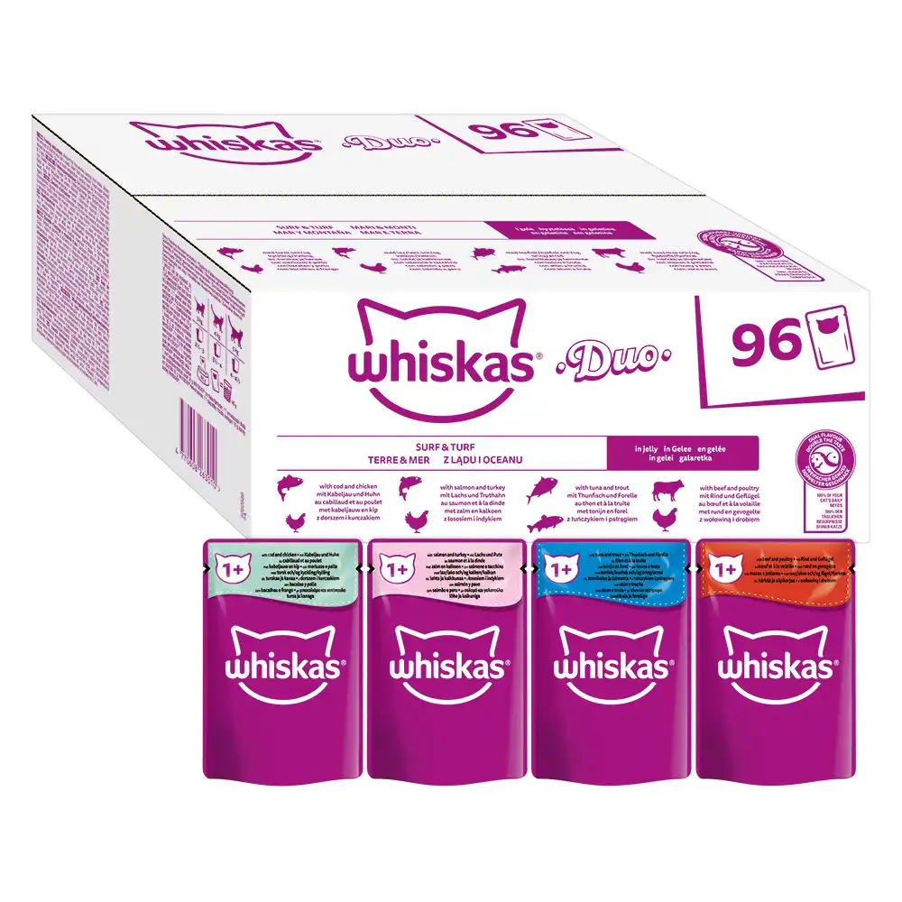 WHISKAS DUO Jumbopack 96 x 85 g en bolsitas - Mar y montaña en gelatina