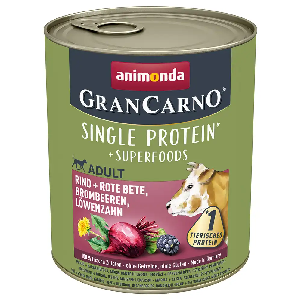 Animonda GranCarno Superfoods Adult 6 x 800 g - Vacuno con remolacha, moras, diente de león