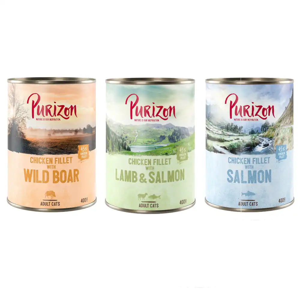 Purizon Adult 6 x 400 g comida húmeda para gatos, sin cereales - Pack mixto (2 x jabalí, 2 x salmón, 2 x cordero)