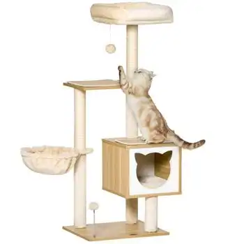 Árbol Rascador Para Gatos Pawhut Madera Felpa Sisal 48x40x126cm Beige