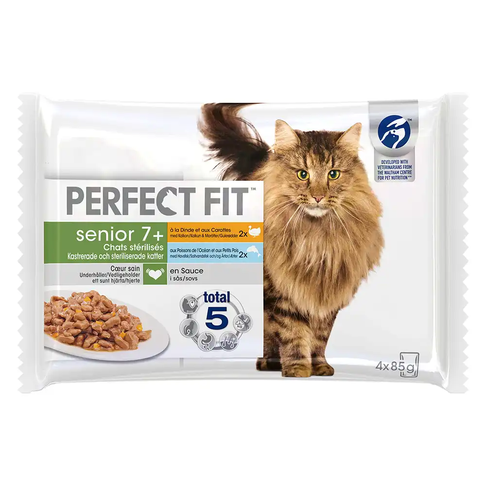 Perfect Fit Sterilised Senior 7+ Mixpack - Pavo con zanahorias y pescado blanco con guisantes (52 x 85 g)