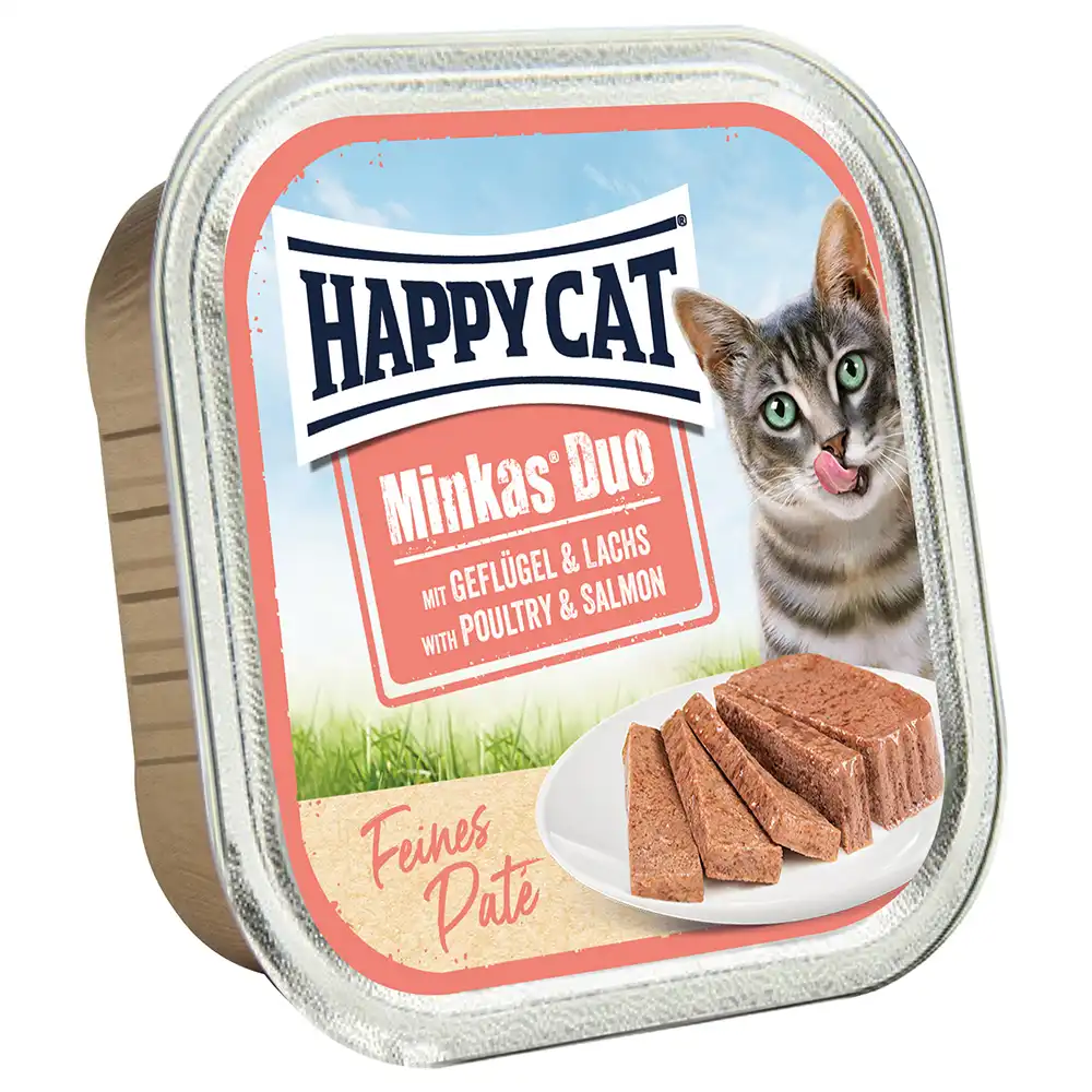 Happy Cat Minkas Duo Bocaditos en cuenco de paté - Ave y salmón 16 x 100 g