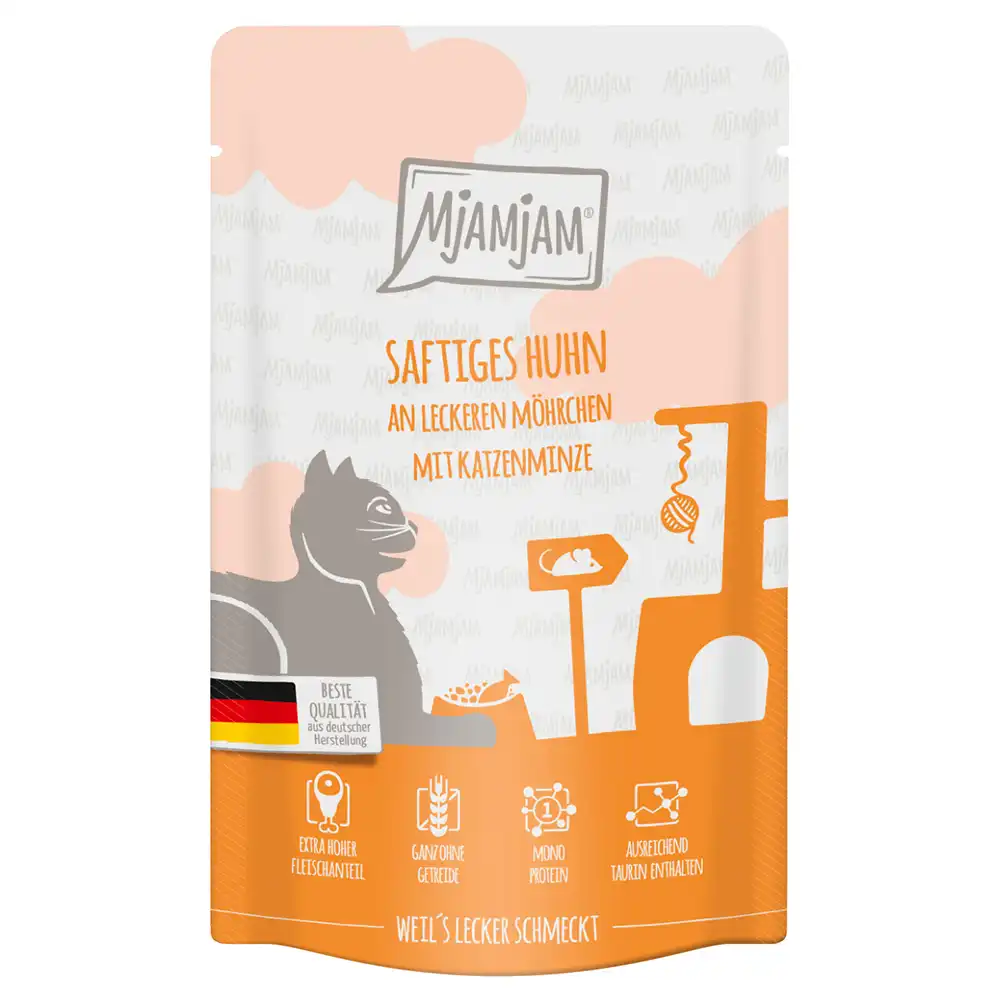 MjAMjAM Quetschie comida húmeda para gatos 12 x 125 g - jugoso pollo con sabrosas zanahorias