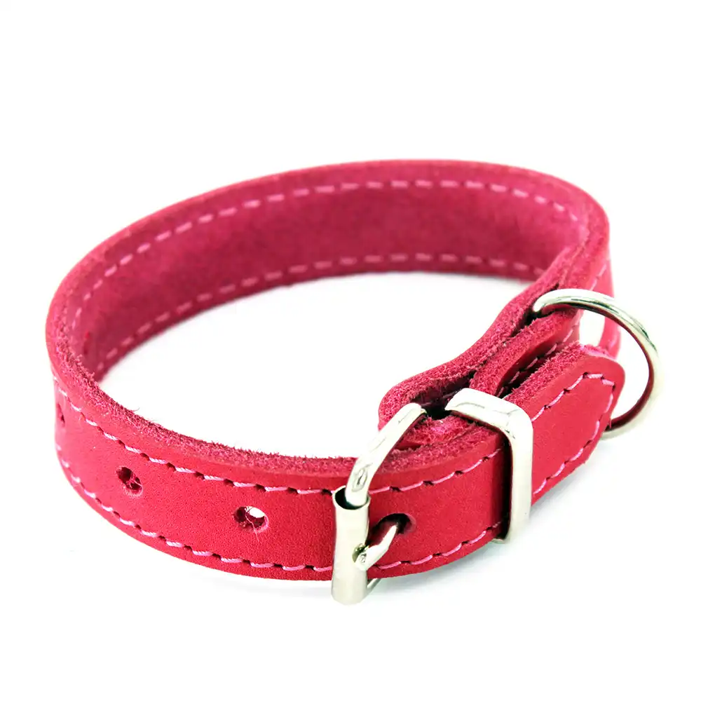 Collar de cuero Heim con costuras decorativas, rosa - 22 - 28 cm perímetro de cuello, 20 mm de ancho