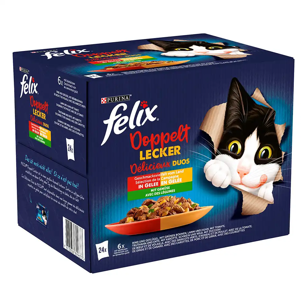 Felix Fantastic Doblemente Bueno 24 x 85/100 g - 24 x 85 g - Vacuno y ave, cordero y pollo, pavo y pato, cerdo y venado con verduras