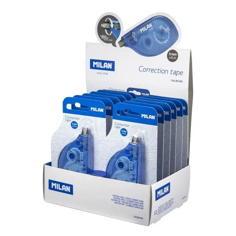 Milan Correction Tape Caja de 12 Correctores de Escritura en Cinta 5mmx8m Azul