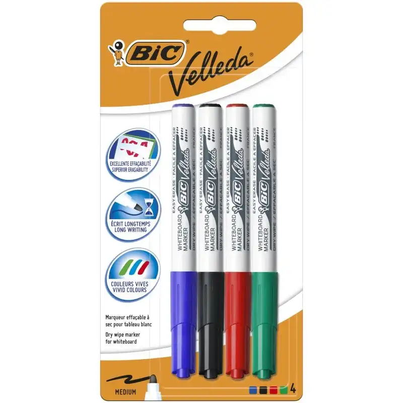 BIC Velleda Rotuladores de Pizarra Blanca, Punta Media 4.5mm 4 Colores