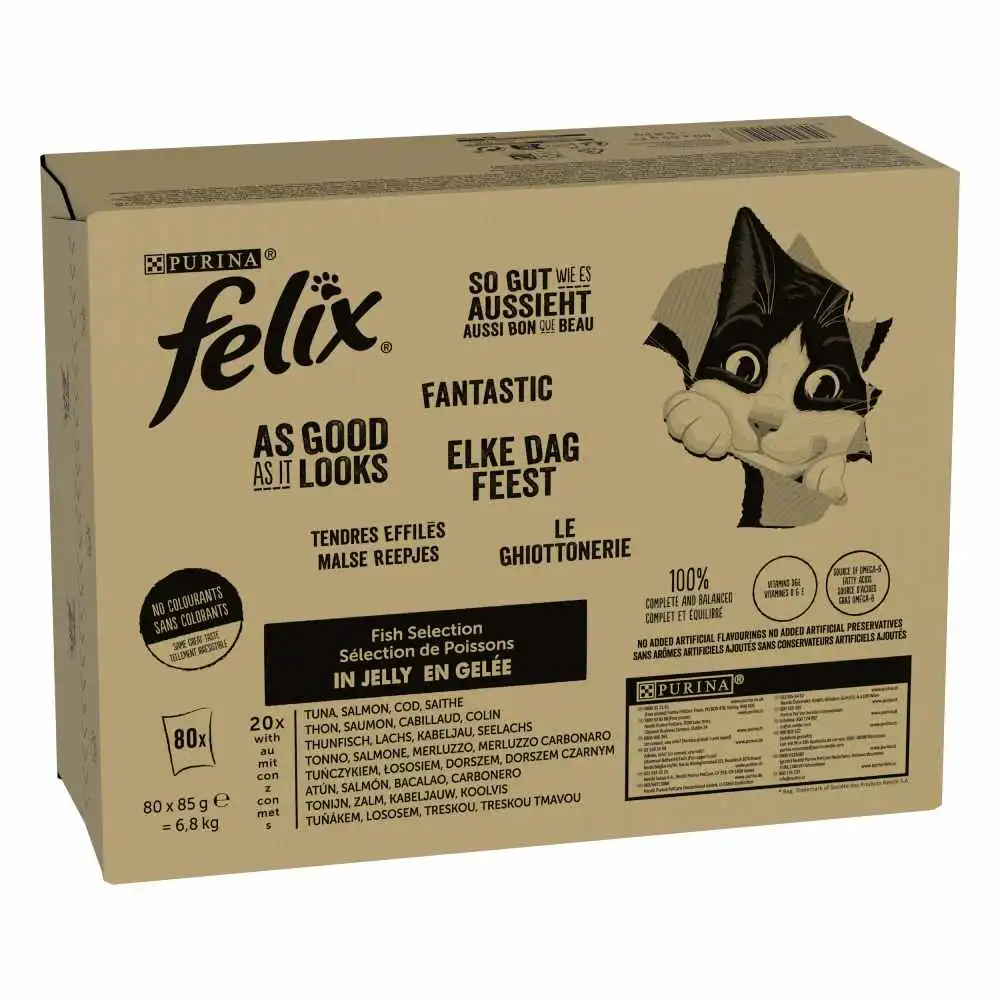 Jumbopack Felix Fantastic 80 x 85 g - Mix de pescado (atún, salmón, bacalao, abadejo)