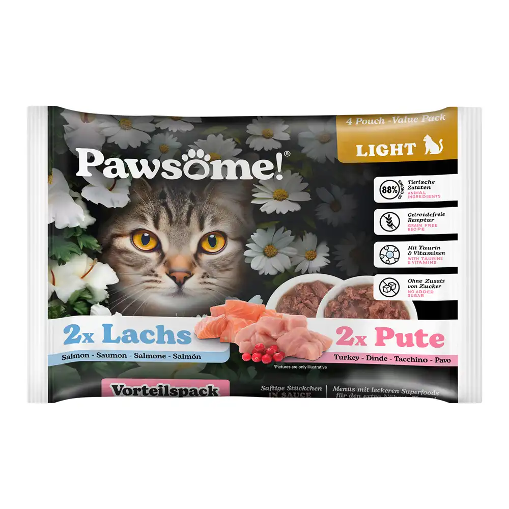 Pawsome Cat Adult Light 4 x 85 g comida húmeda - Pavo y salmón